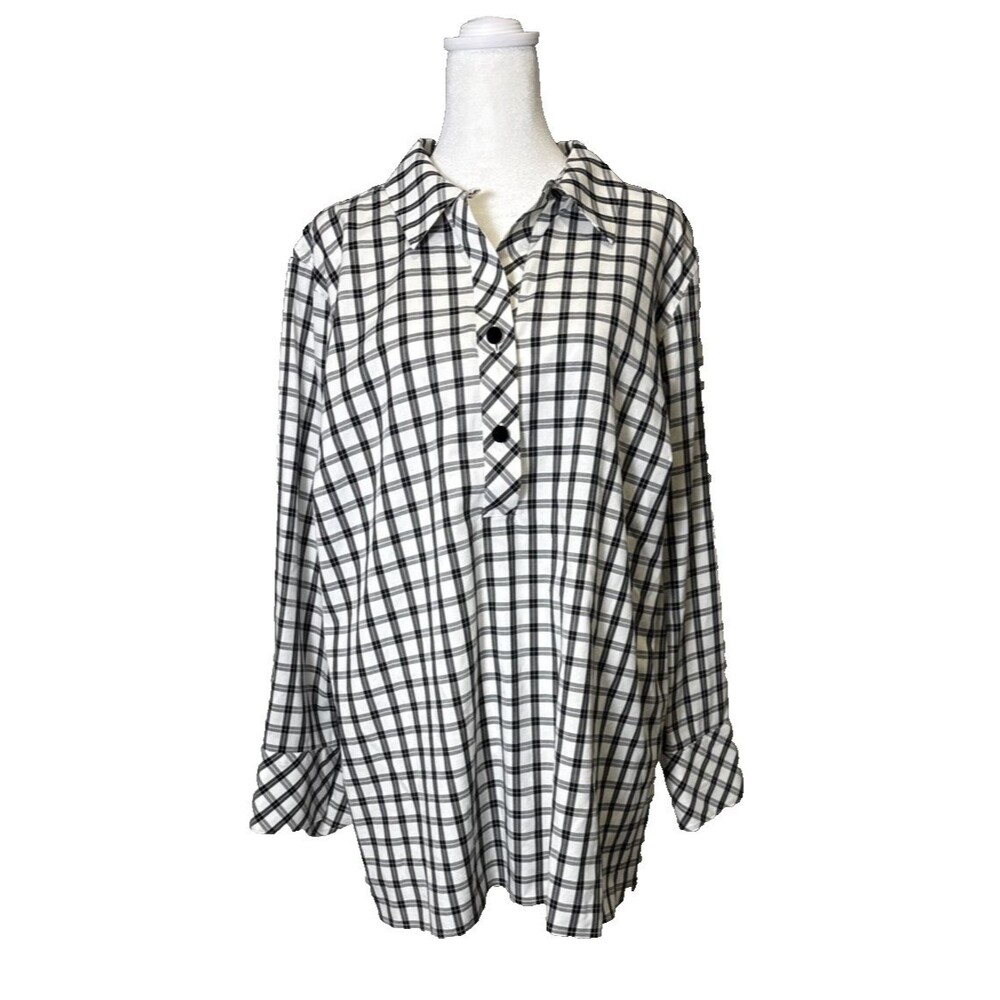 Talbots Black/White Plaid Gingham Non-Iron Popover Tunic Sz 20WP Collared Blouse
